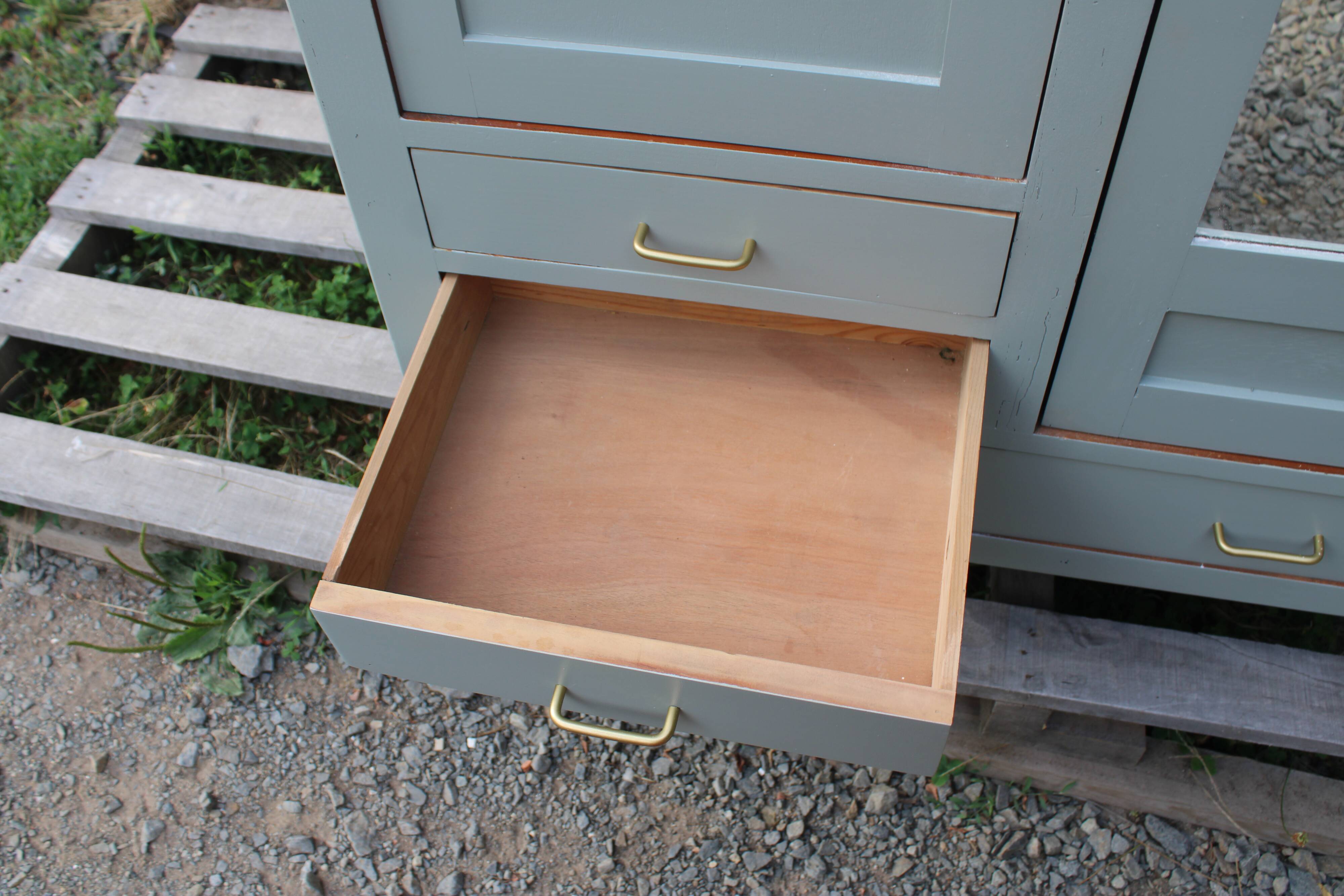 Vintage Parisian wardrobe in sage green – Mirror, hanging space and drawers