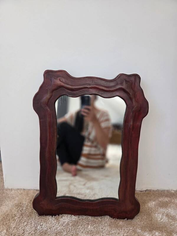 Organic vintage mirror with leather trim - unique decorative piece