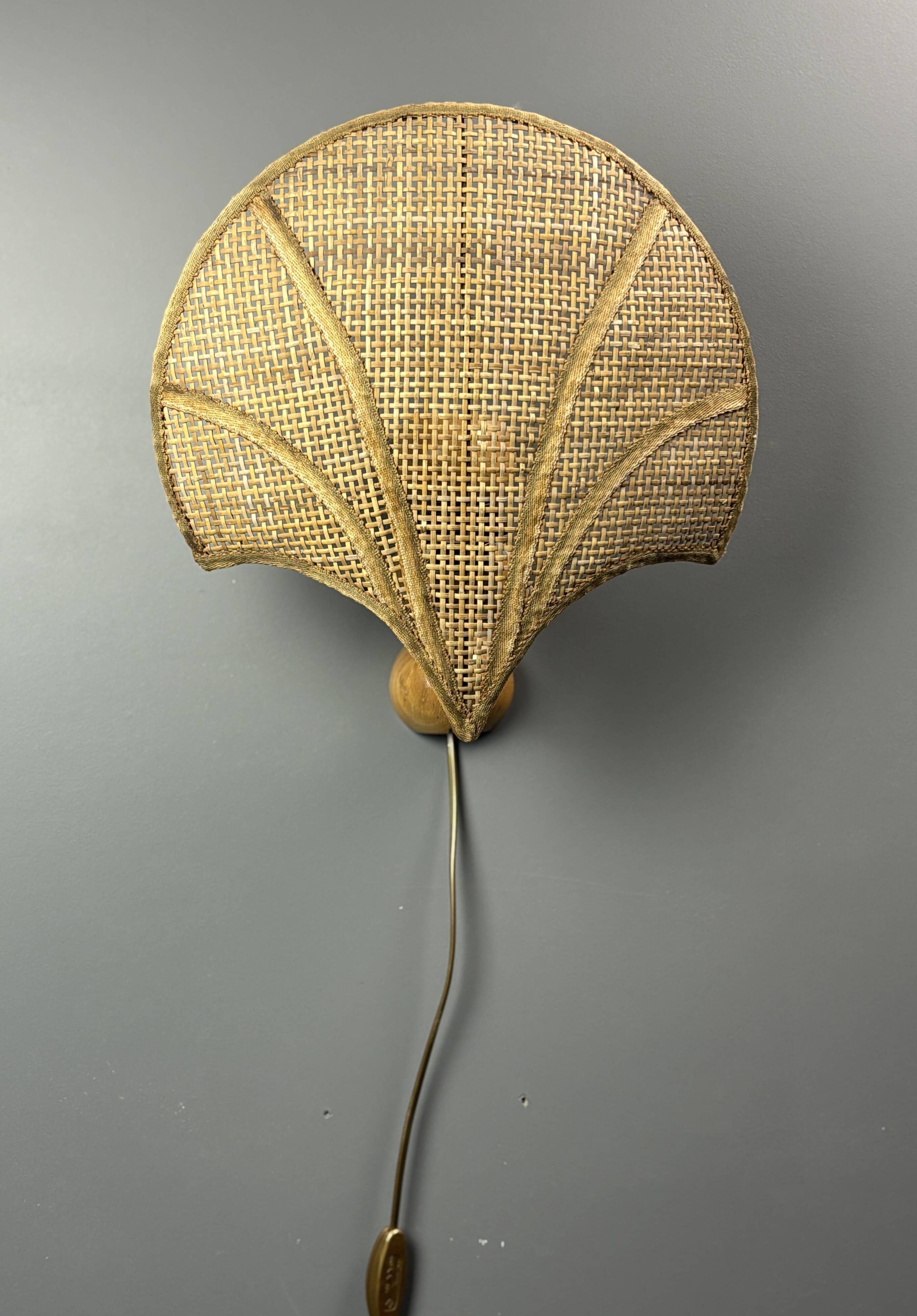 Pair midcentury Italian rattan wicker pine brass scallop wall sconces 1970s