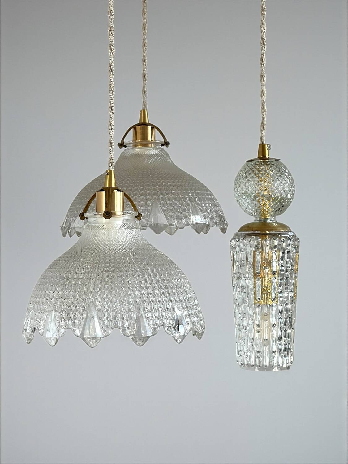Triple pendant light with Holophanes and vintage tulips