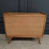 Light oak and rattan chest of drawers with compass feet, three drawers, 1960