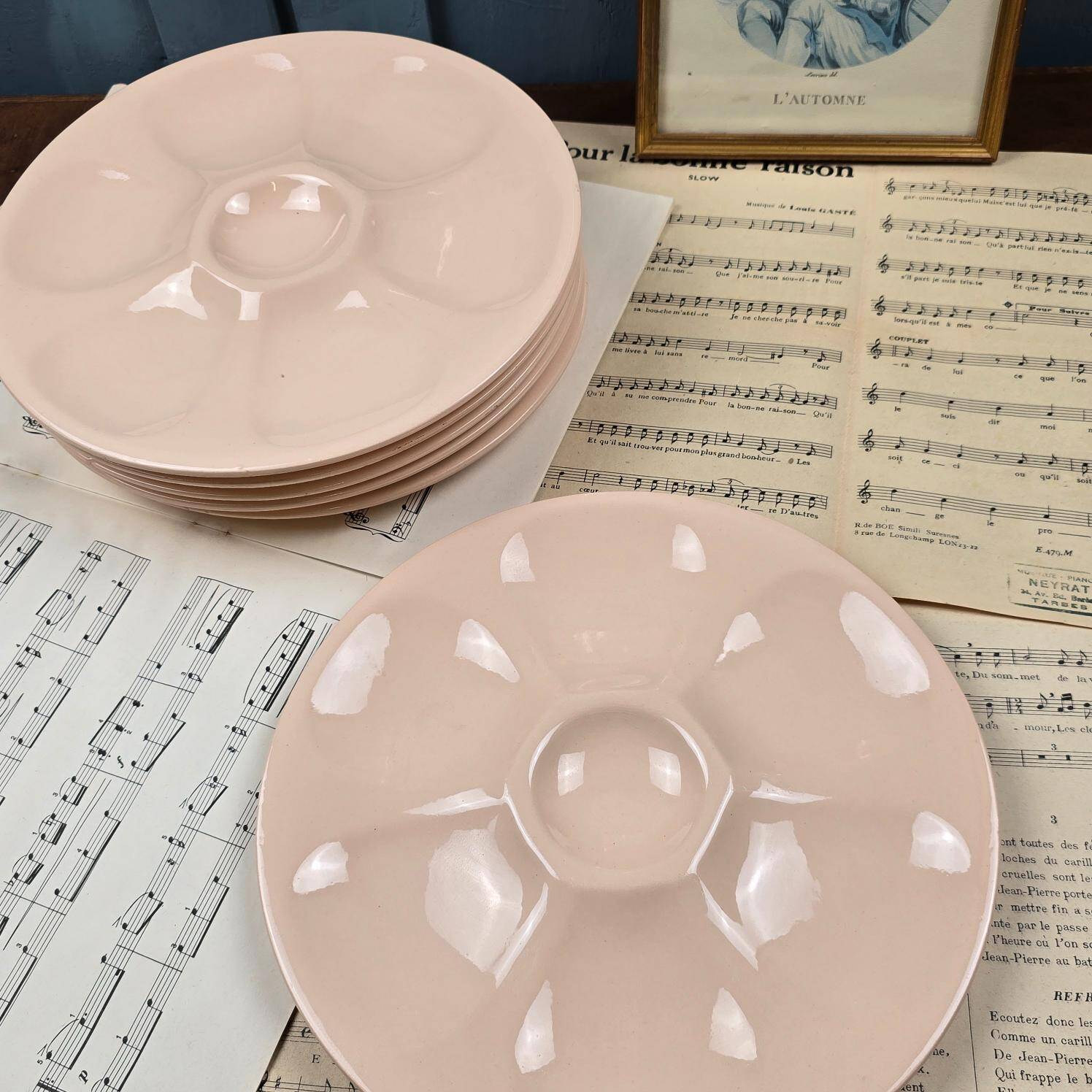 Set of 6 vintage Digoin powder pink oyster plates