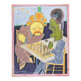 Gouache drawing of cubism chess players signed vintage