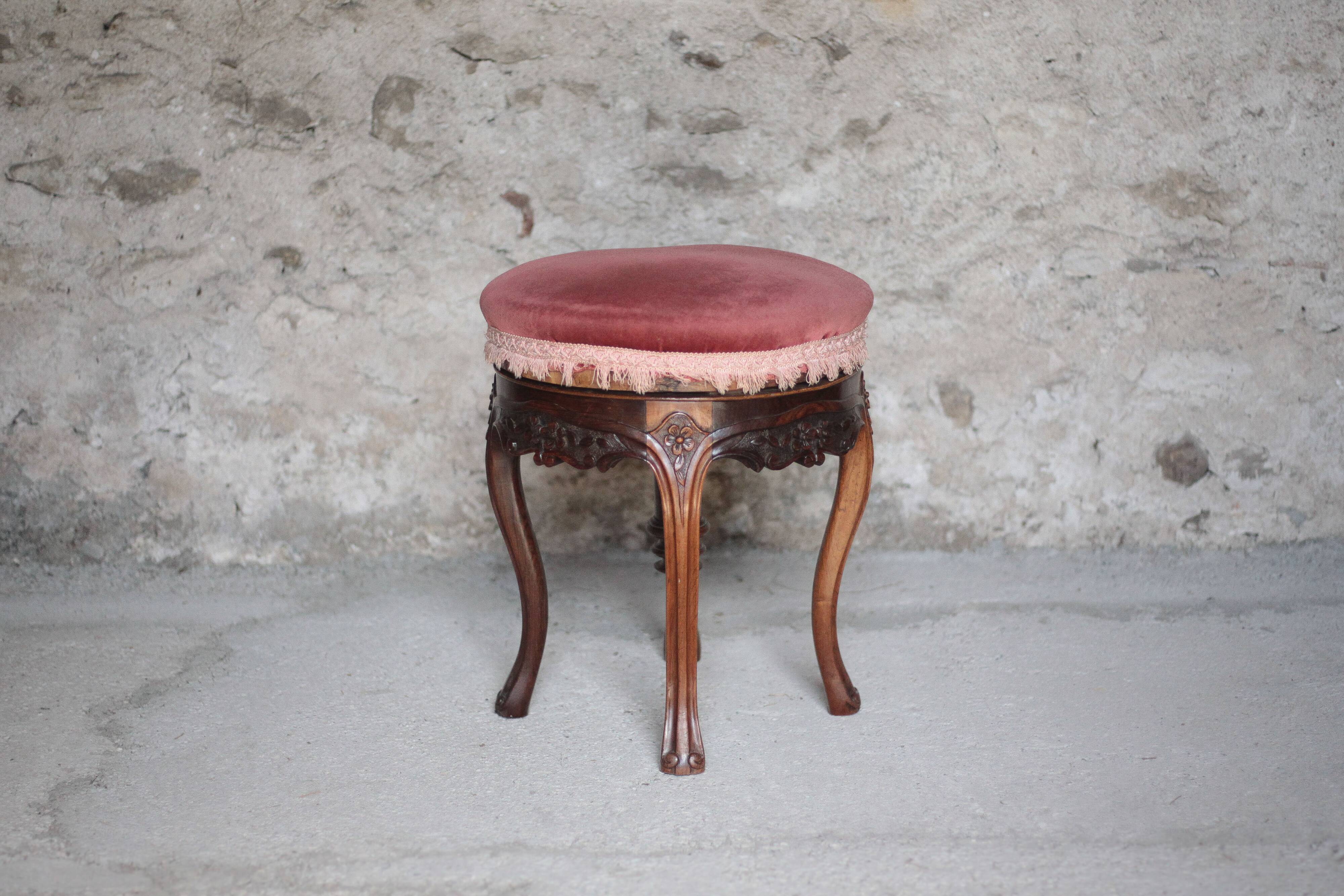 Victorian style stool, wooden and pink velvet stool, piano stool