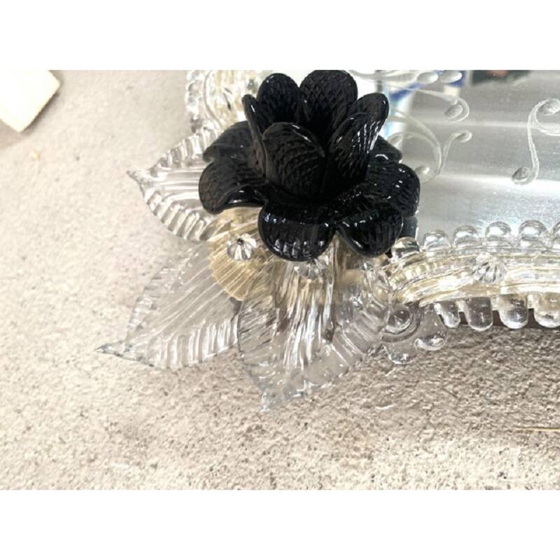 Venetian Black Floreal Hand-Carving Mirror in Murano Glass Style