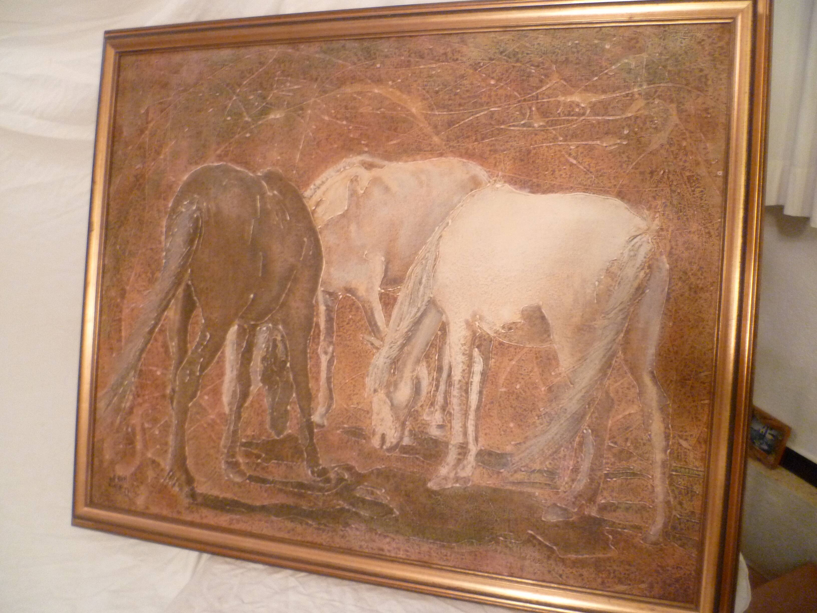 Unframed canvas painting "Horses" signed L. Grun in its frame