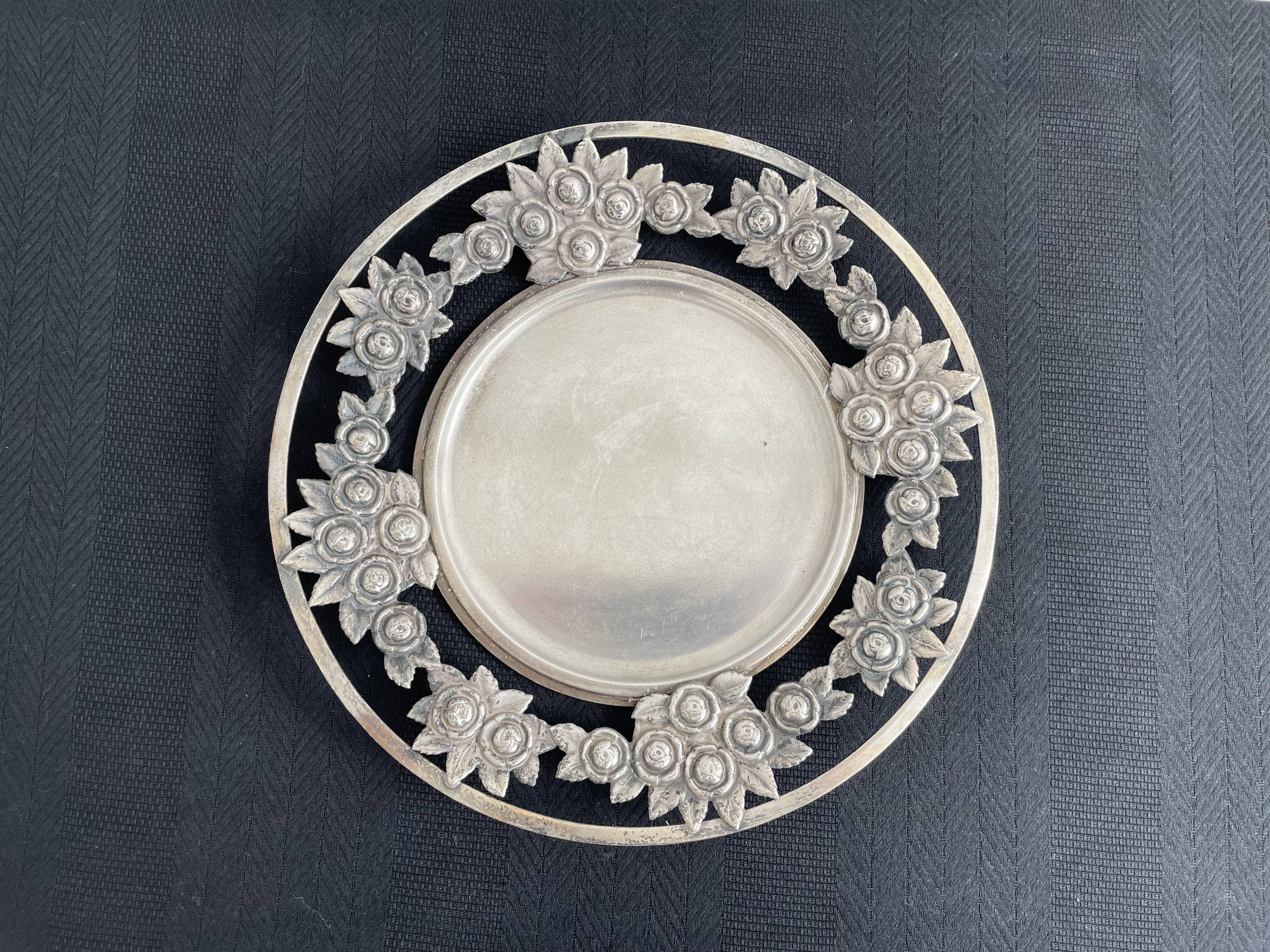 Vintage, round dish, silver metal, stylized leaf and rose decoration, French work, France