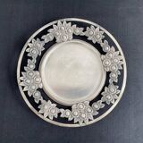 Vintage, round dish, silver metal, stylized leaf and rose decoration, French work, France