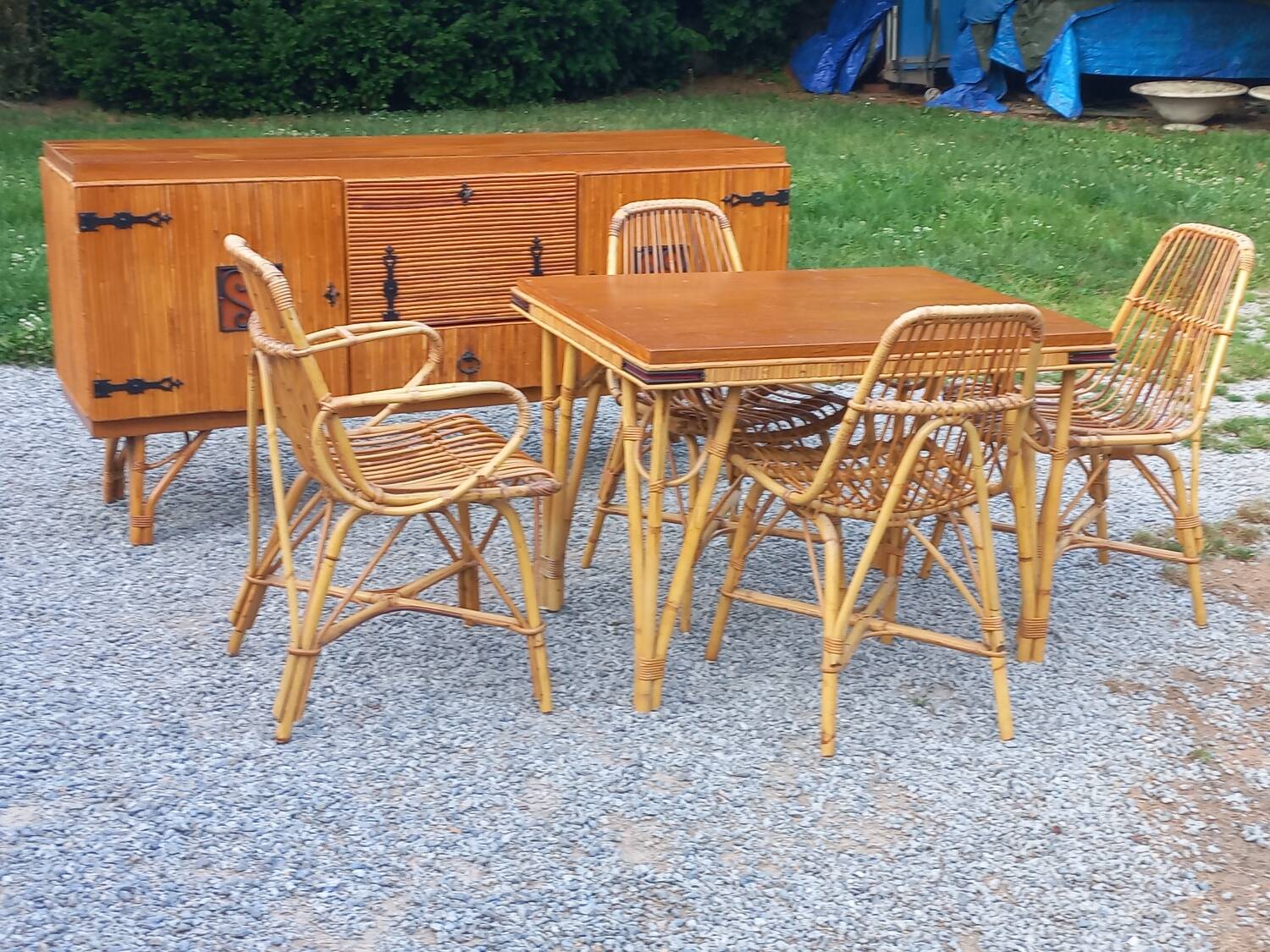 Vintage dining room attributed to Audoux and Minet in bamboo and rattan