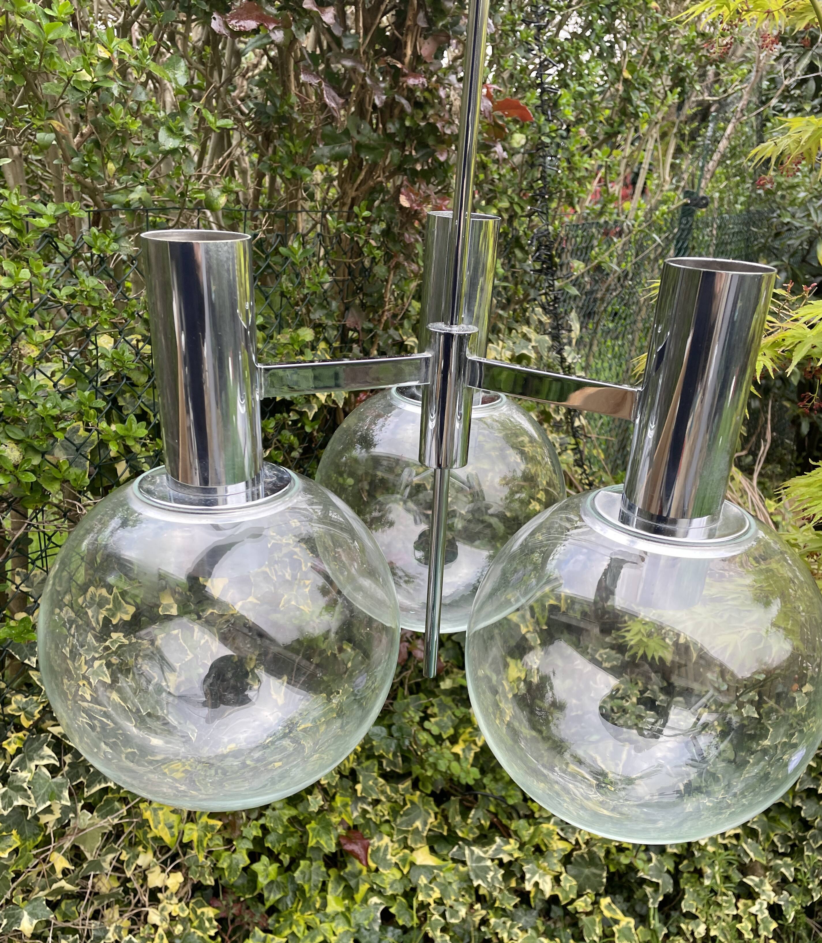 Kaiser Germany, chrome chandelier / suspension with 3 lights, glass balls. 1960