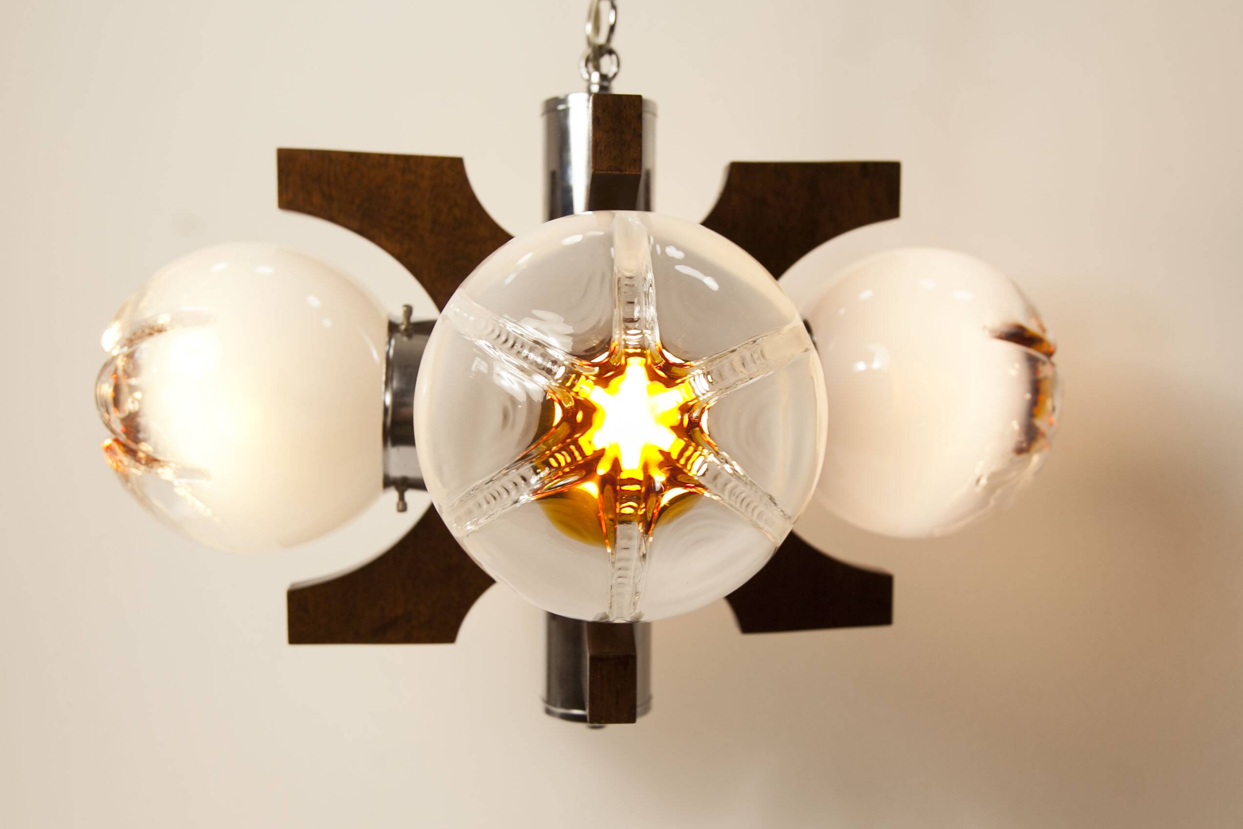Mazzega Murano chandelier with 4 balls and teak, 1960