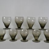Set of 9 small art deco design liqueur glasses in smoked glass from the 30s and 40s