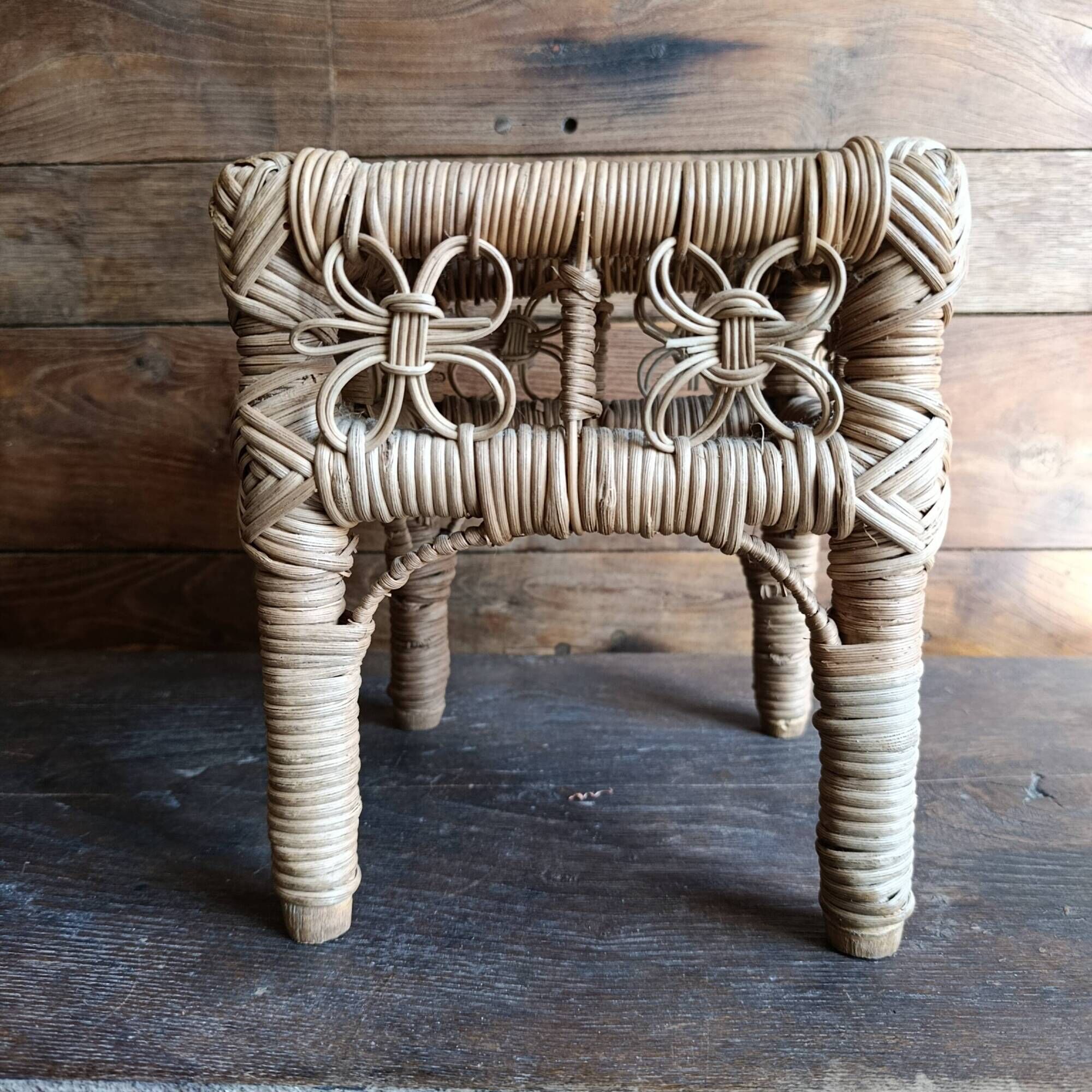 Vintage wicker stool, small woven rattan footstool and rustic plant stand