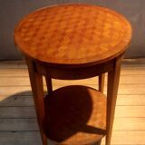 Round marquetry pedestal table with 2 shelves