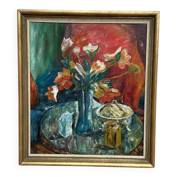 Original Scandinavian Oil On Panel – Unknown Artist – “Vase” – Vintage & Framed – 70 × 79 Cm