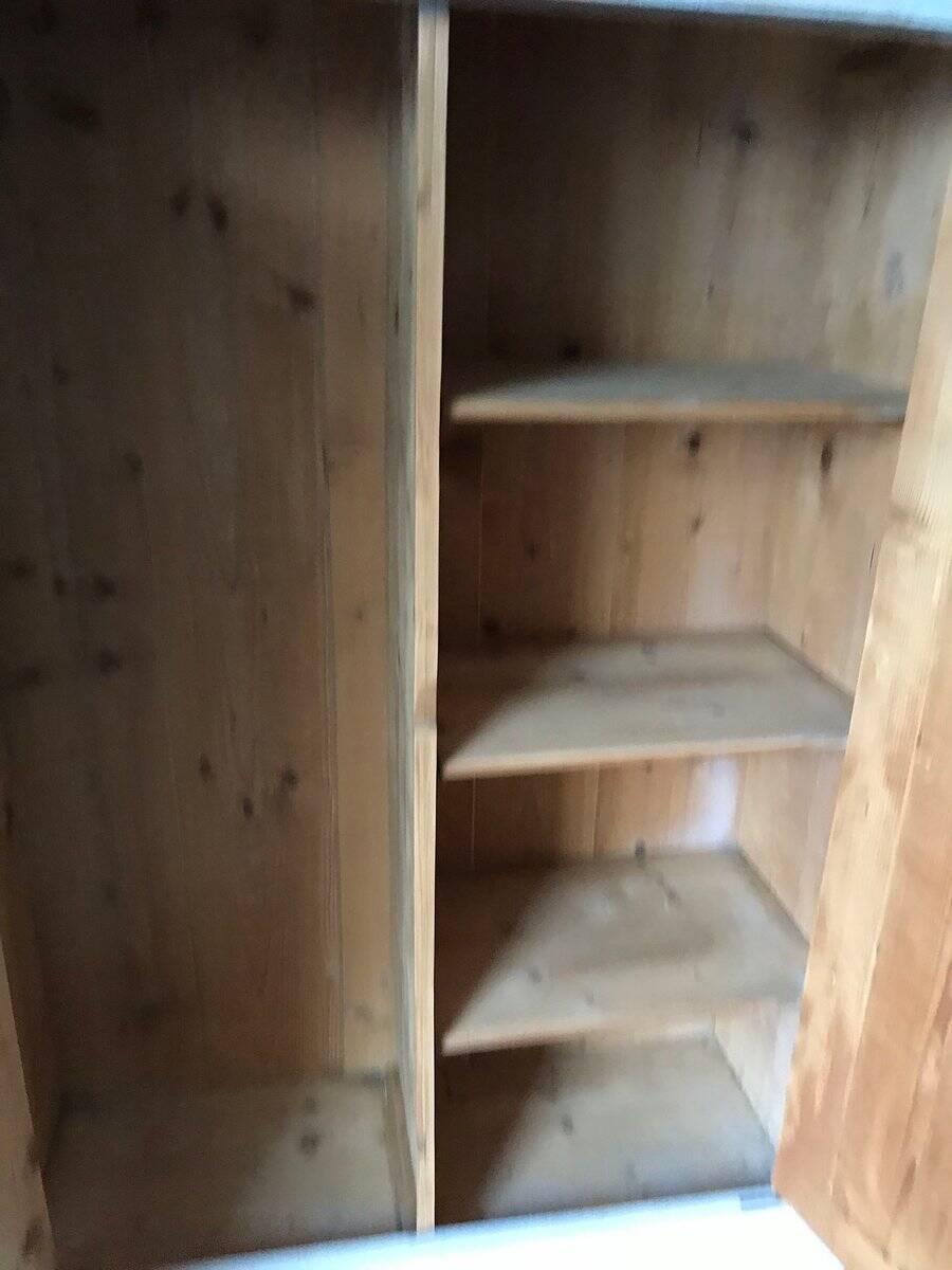 Vintage blonde wood wardrobe painted in antique white, doors decorated with Volkswagen Samba, unique piece.