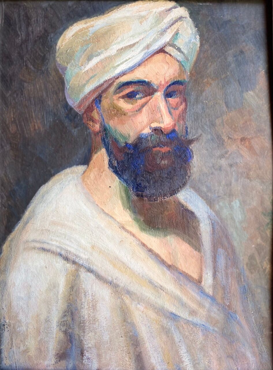 Old painting, portrait of a man with a turban, 20th century, signed