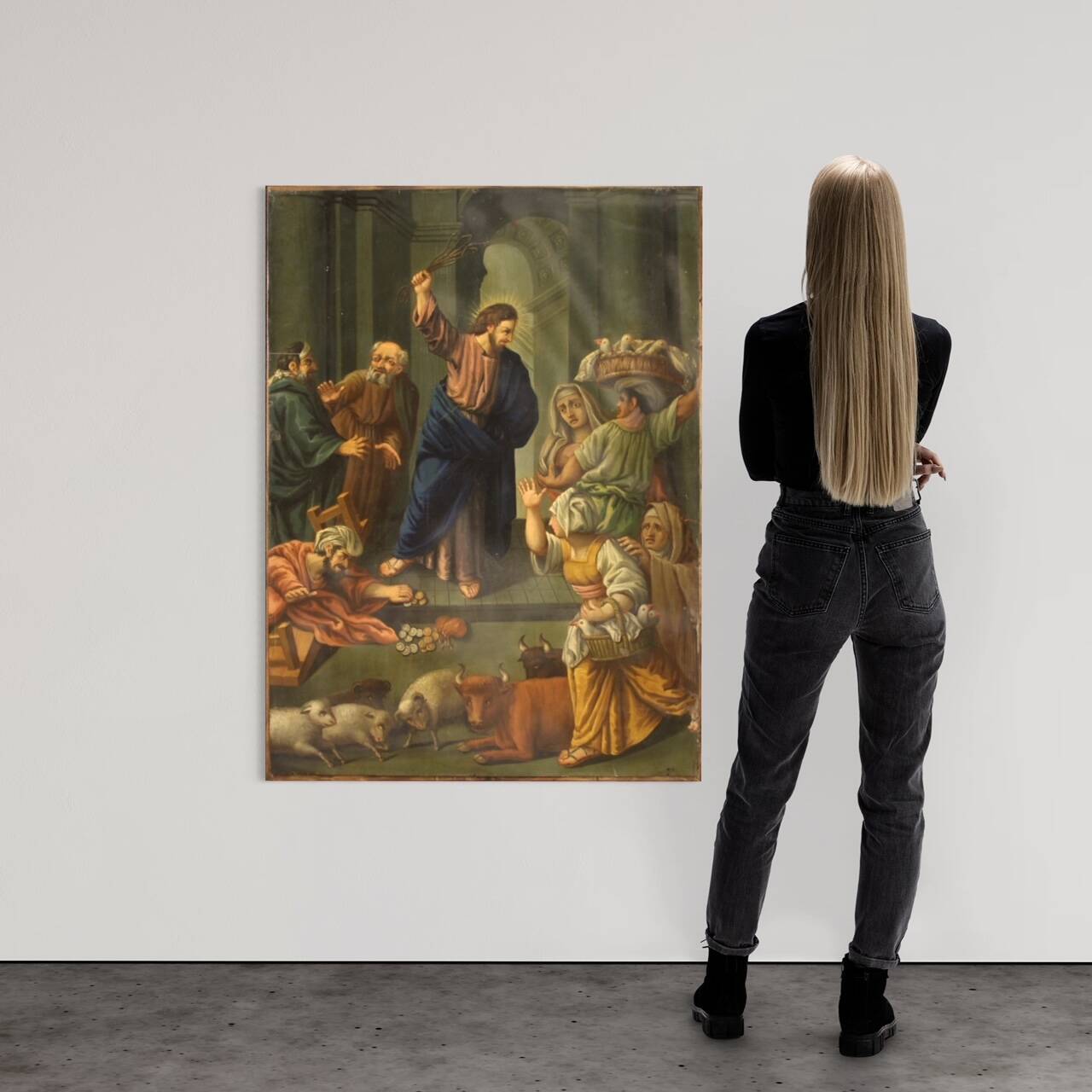 Peinture italienne à l'huile sur cuivre "Expulsion des marchands du temple"