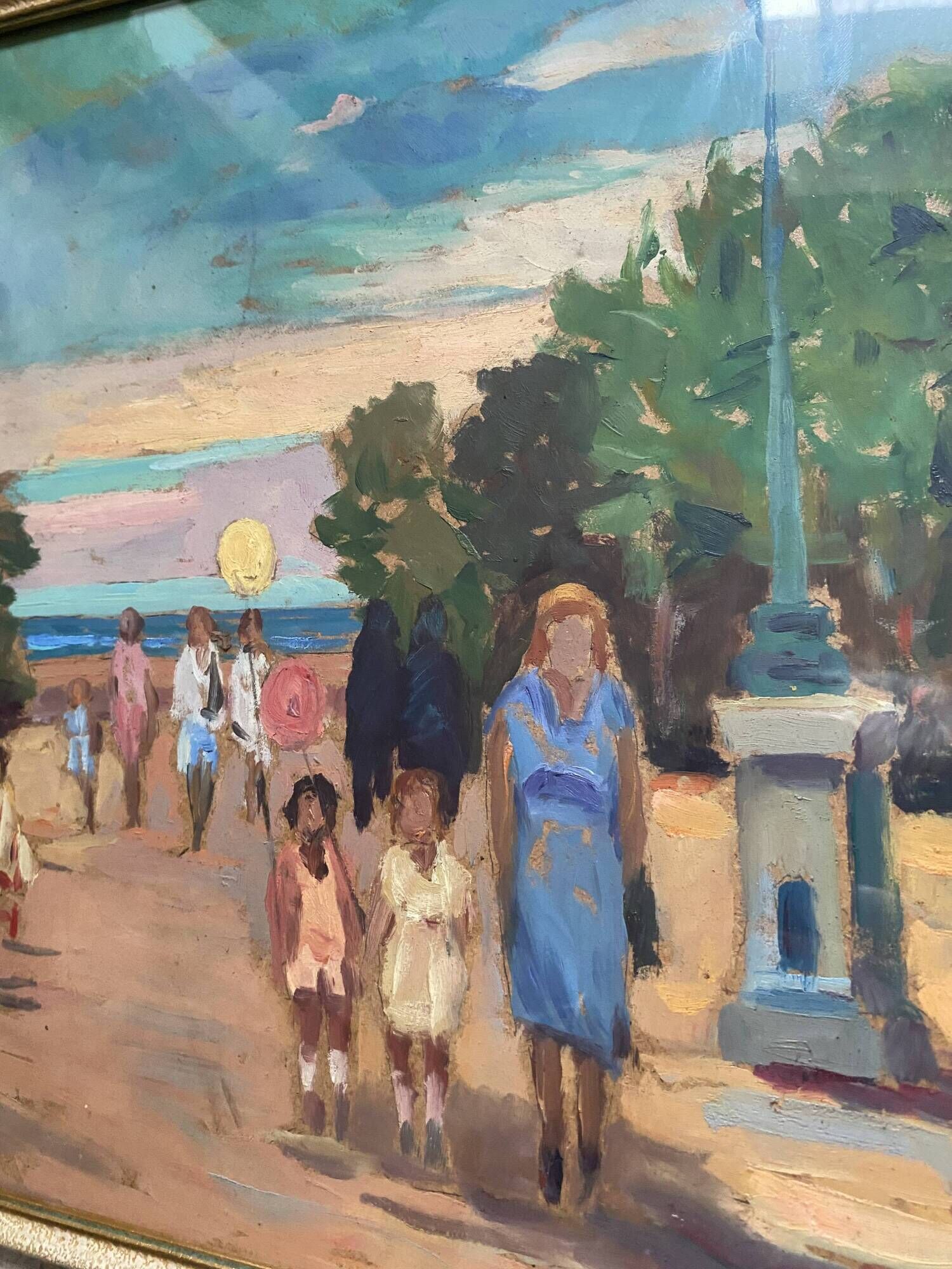 Oil painting "public garden" under glass, 1960s-70s