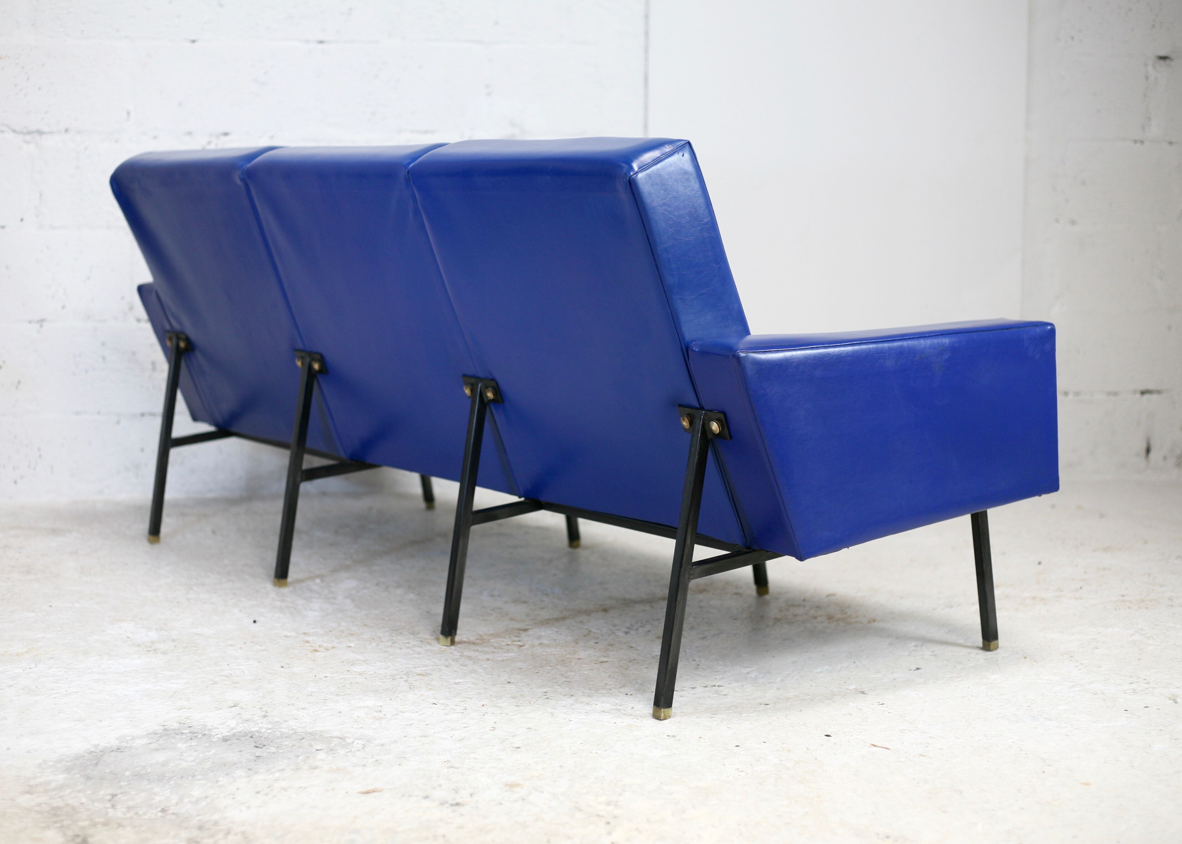 Sofa imitation leather blue and steel, 3 seats, France, circa 1960