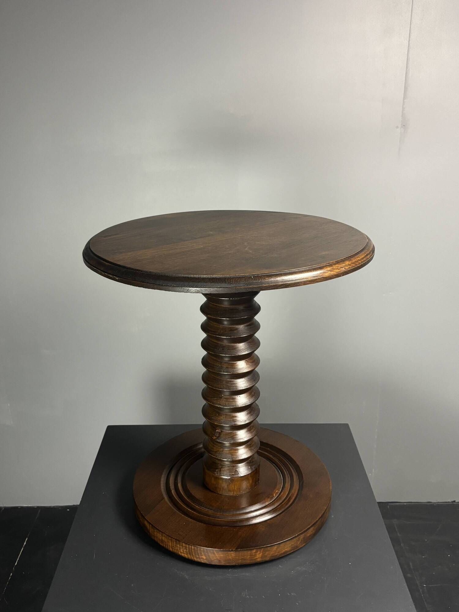 Midcentury brutalist wood turned side table, Charles Dudouyt style, 1950s