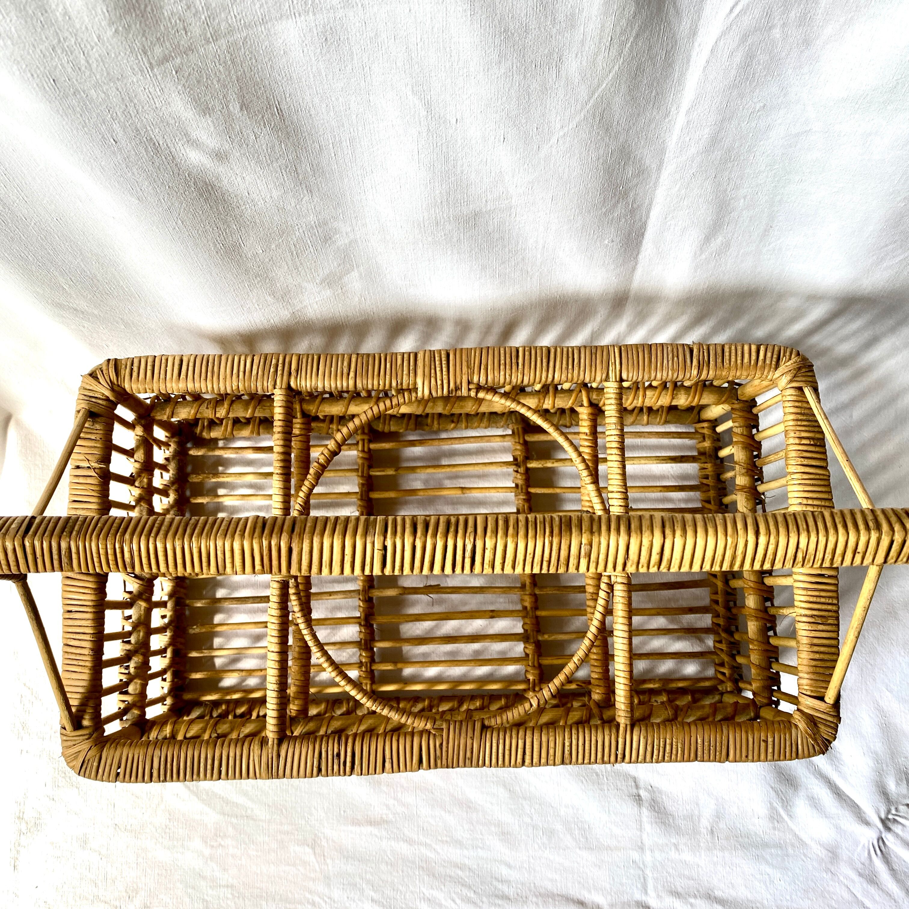 Vintage rattan bottle rack basket