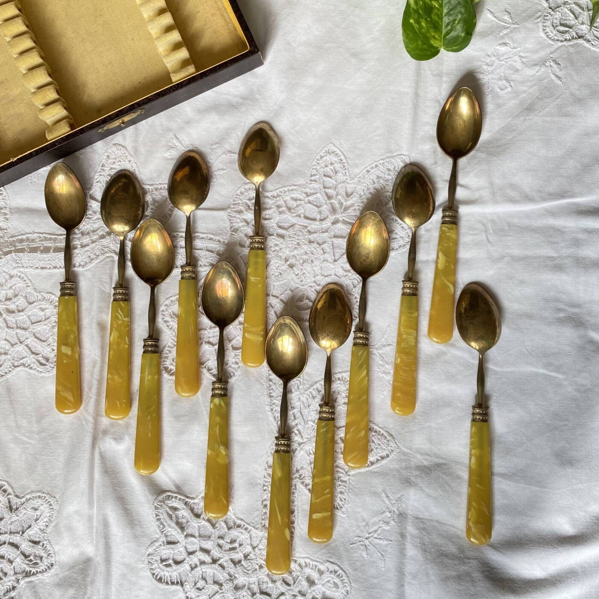 Set of 12 small bakelite and brass dessert spoons vintage tableware ACC-7079