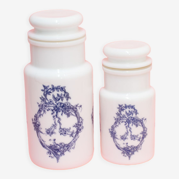 2 apothecary pots in opaline