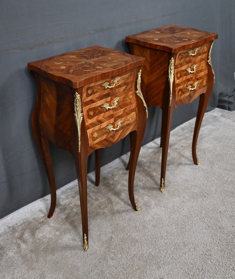 Pair of bedside tables in marquetry, Louis XV style – Mid 20th century