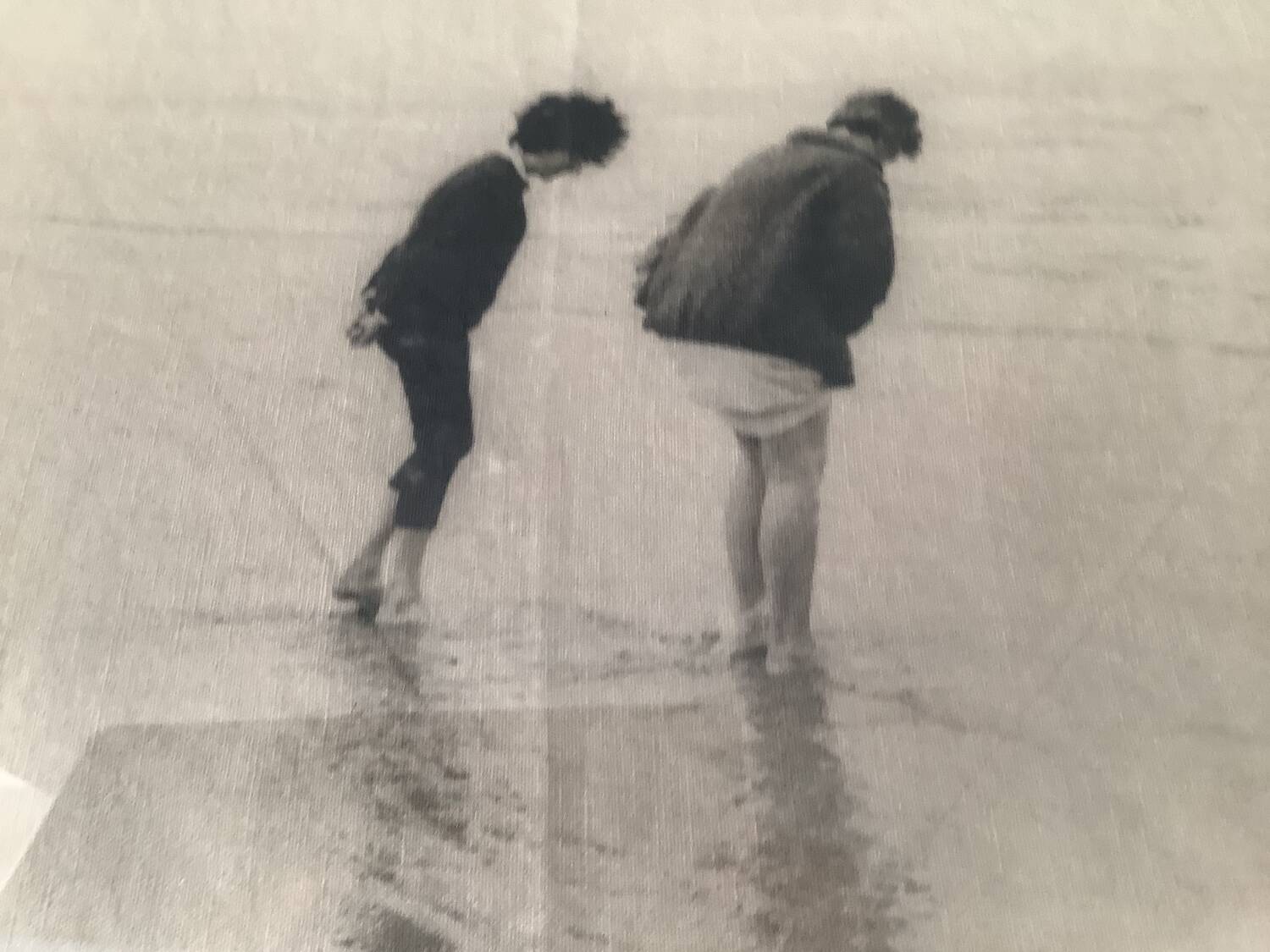 Black and white photo on fabric, framed