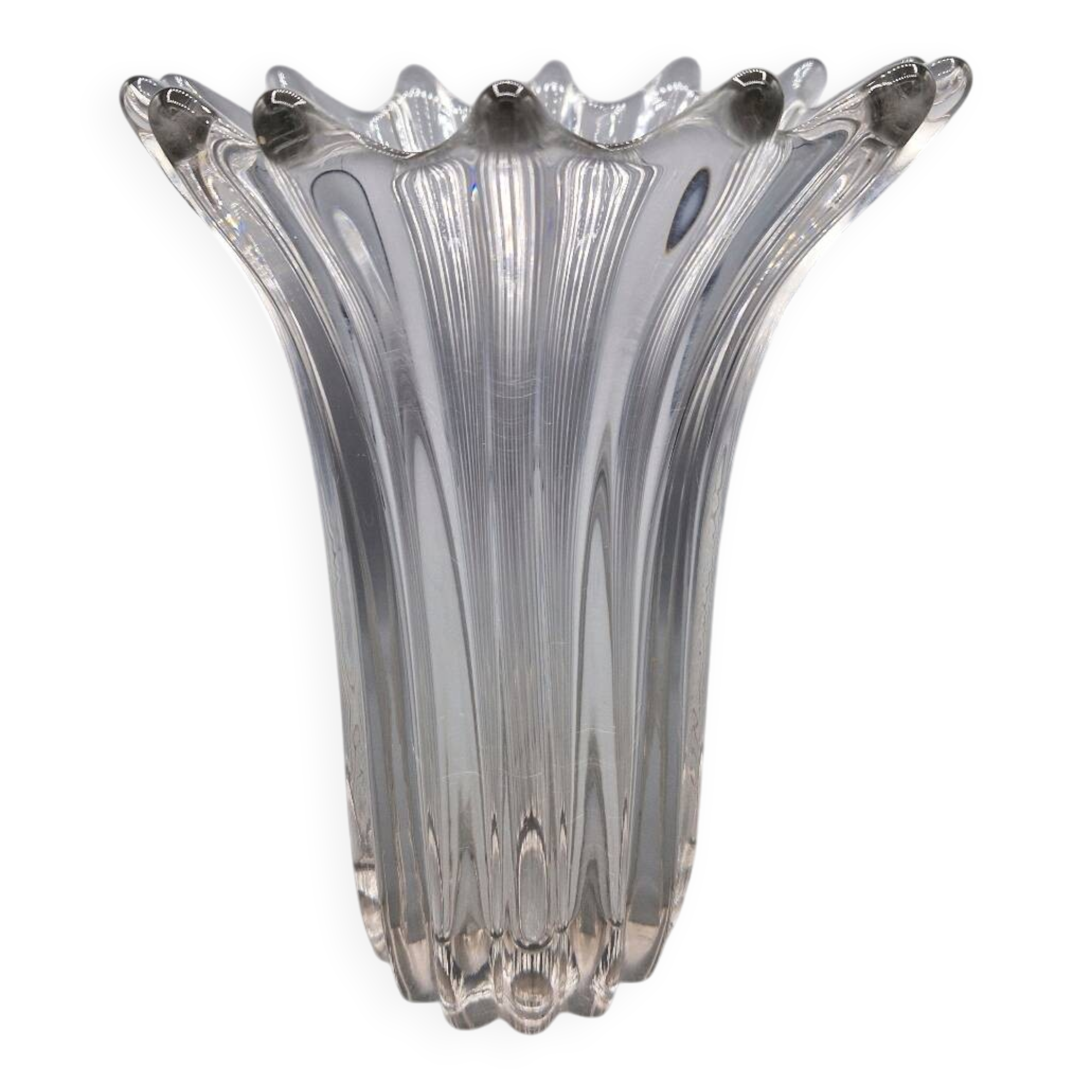 Large vintage clear glass fluted vase with wavy rim 26 cm
