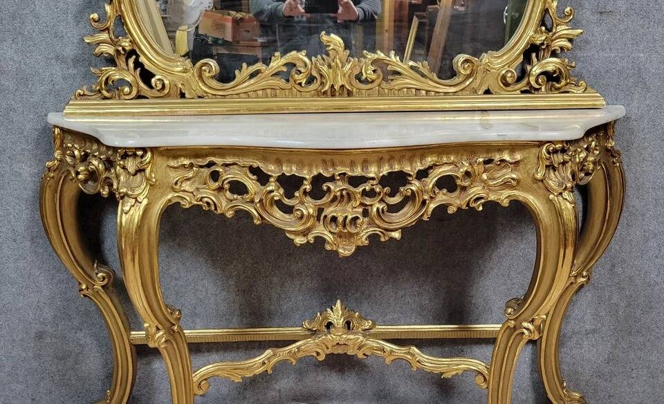 Large Venetian console + Louis XV baroque style mirror in gilded wood