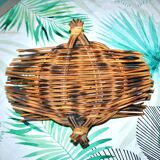 Vintage basket in woven rattan - fruit bowl empty-pocket 1960-1970 Hippie