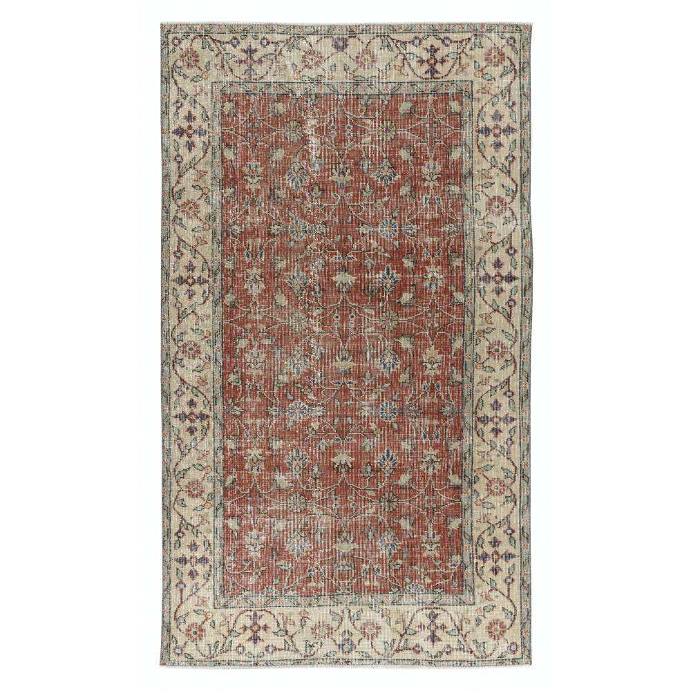 Vintage Handmade Turkish Red Wool Accent Rug with Floral Design for Home and Office Decor