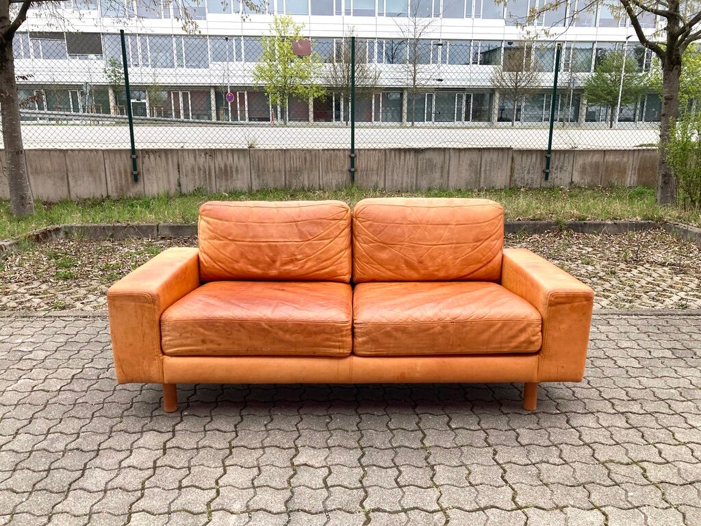 Danish Modern Mid Century Vintage Cognac Leather Sofa