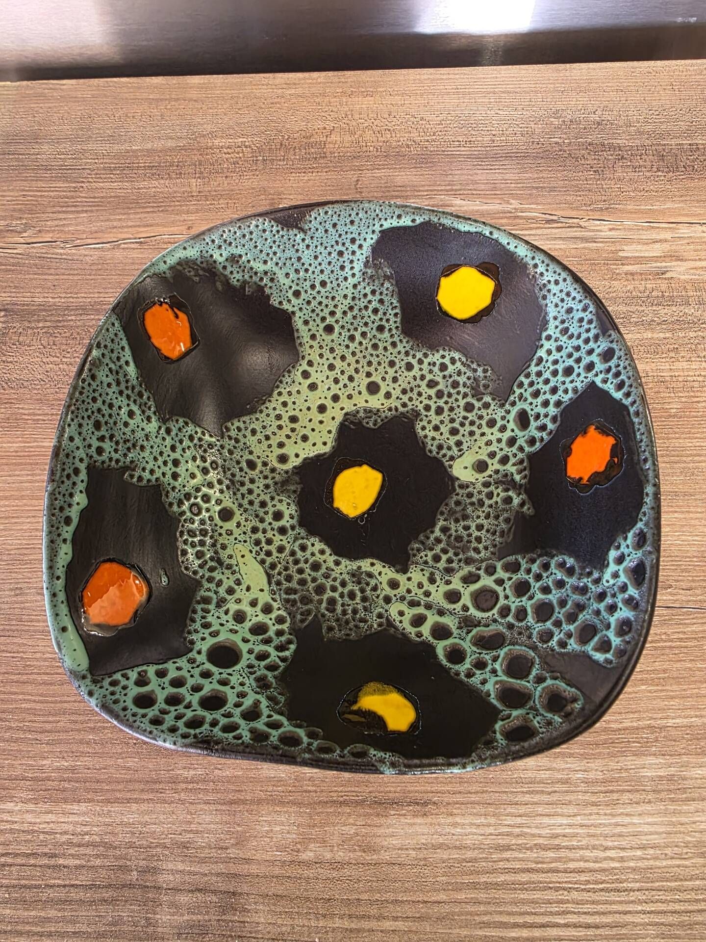 Square shallow dish Vallauris Fat Lava glaze sea foam vintage 1960s