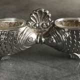 Salt and pepper shaker holder with a pair of fish in metal, Italian design