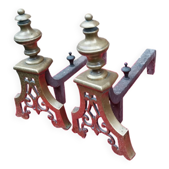 Pair of cast iron and brass andirons or andirons