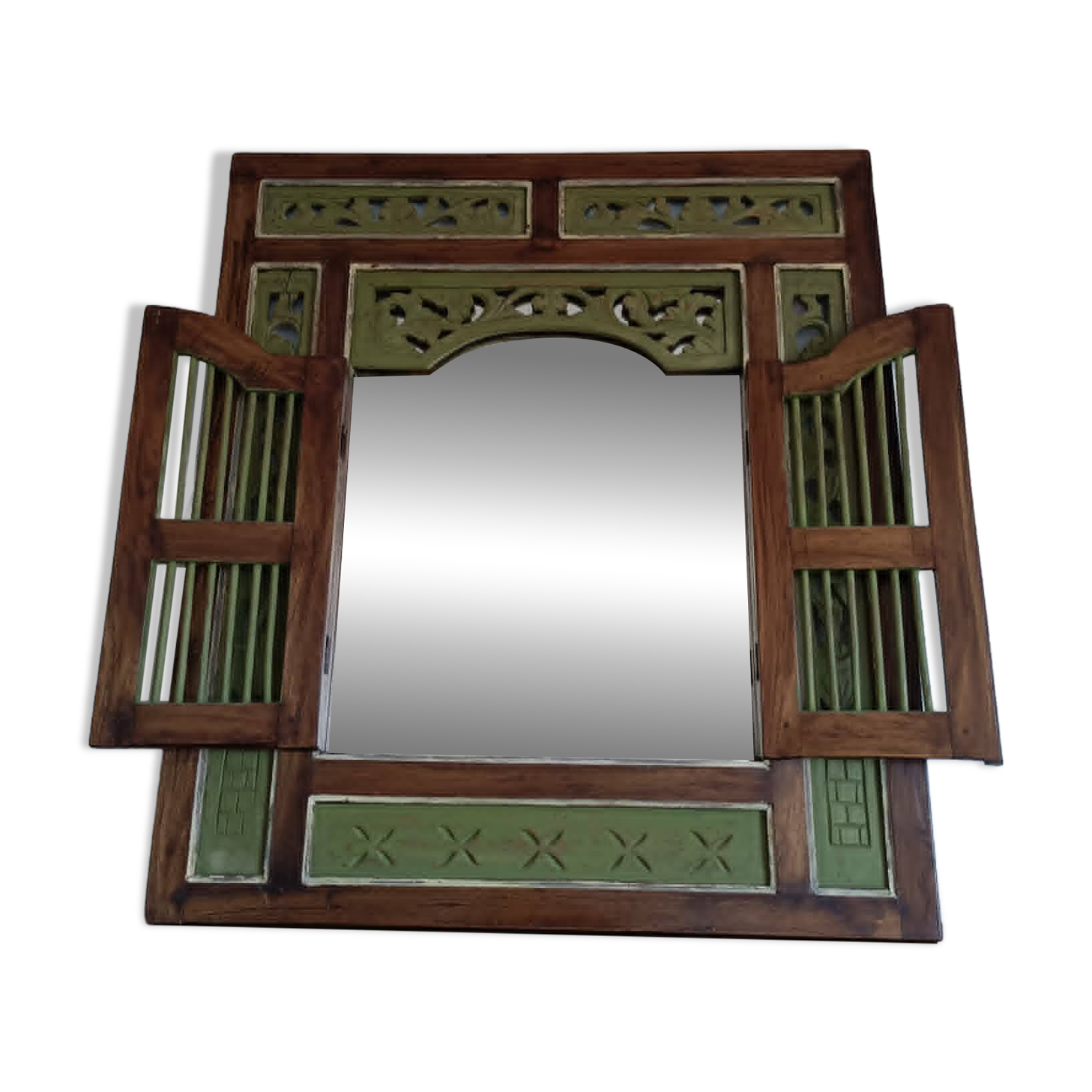 Grand miroir en bois sculpté avec volets – Style balinais
