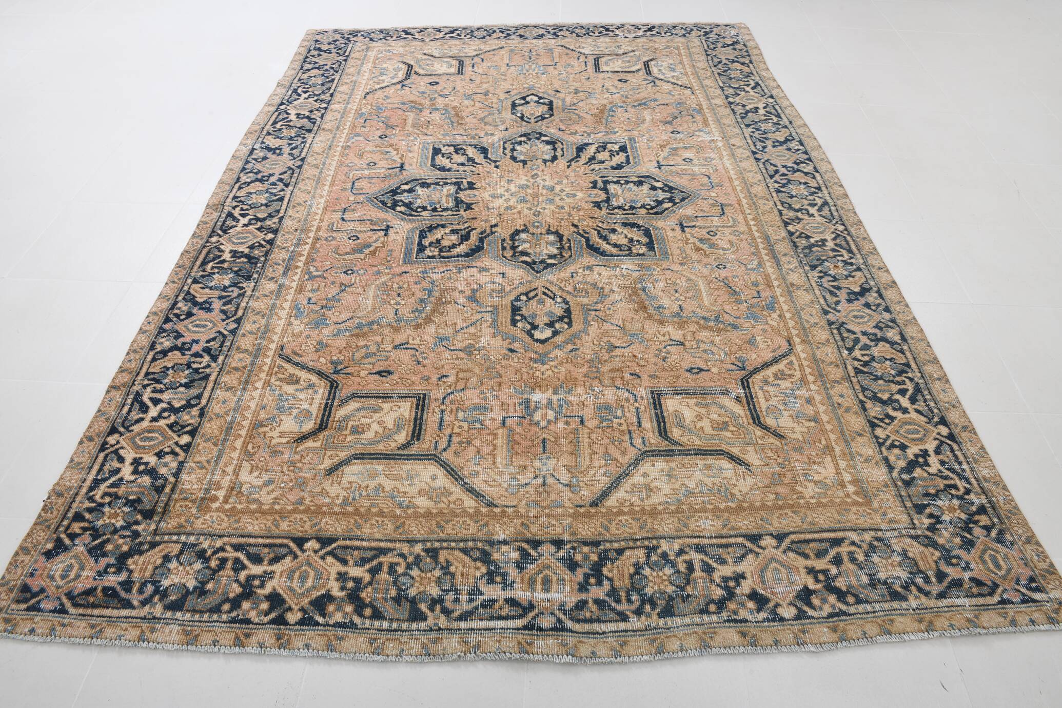 Vintage Cream & Navy Blue Persian Rug, 213x298Cm