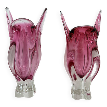 Pair of pink murano glass hand made vases , 1970’s Italy