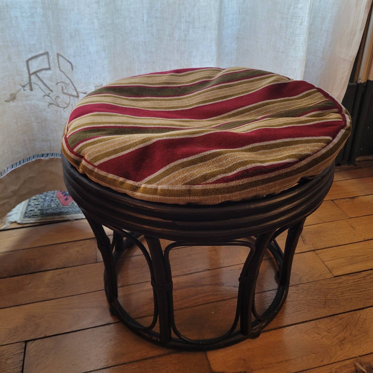 Black bamboo pouf with striped velvet seat pad – vintage 1970s