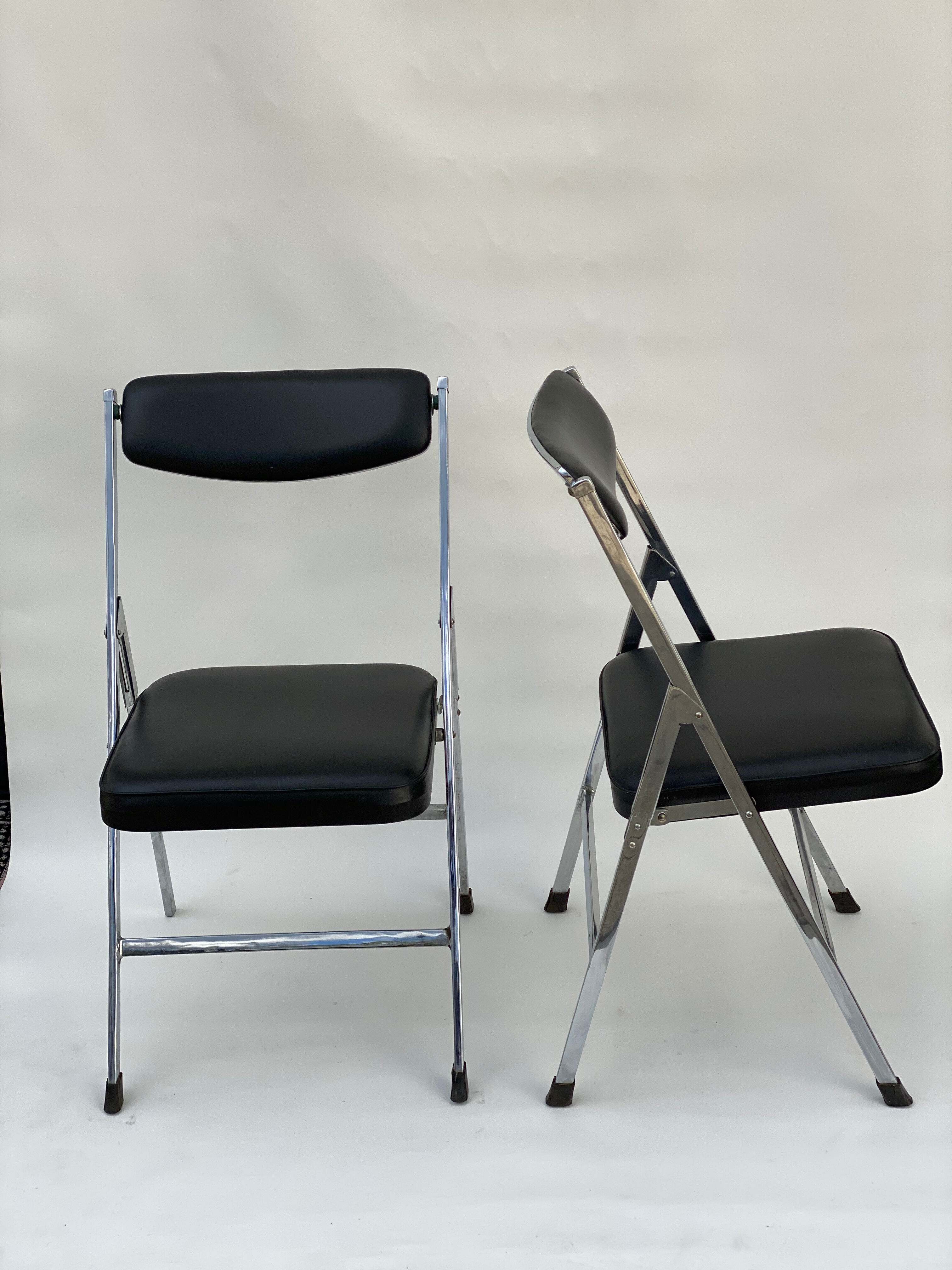 Pair of italian chrome and leather folding chairs