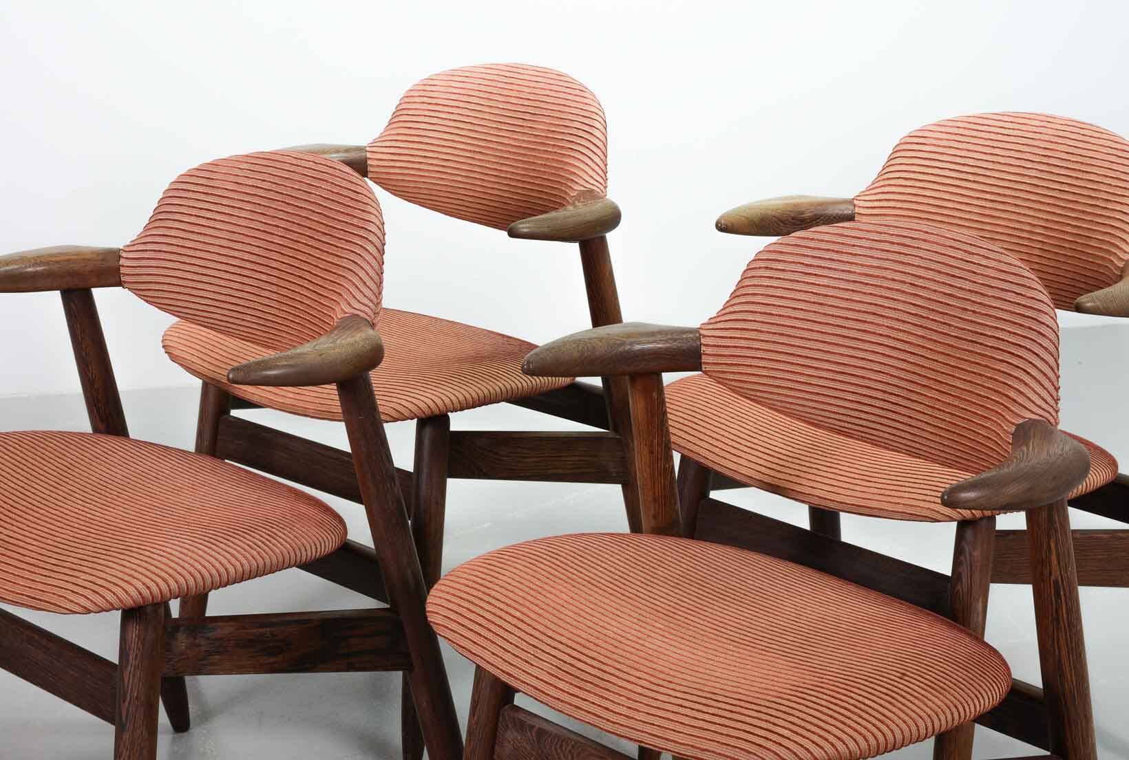 4 Wenge Cowhorn Tijsseling Dining Chairs with Stone Red Fabric, Hulmefa 60s