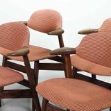 4 Wenge Cowhorn Tijsseling Dining Chairs with Stone Red Fabric, Hulmefa 60s