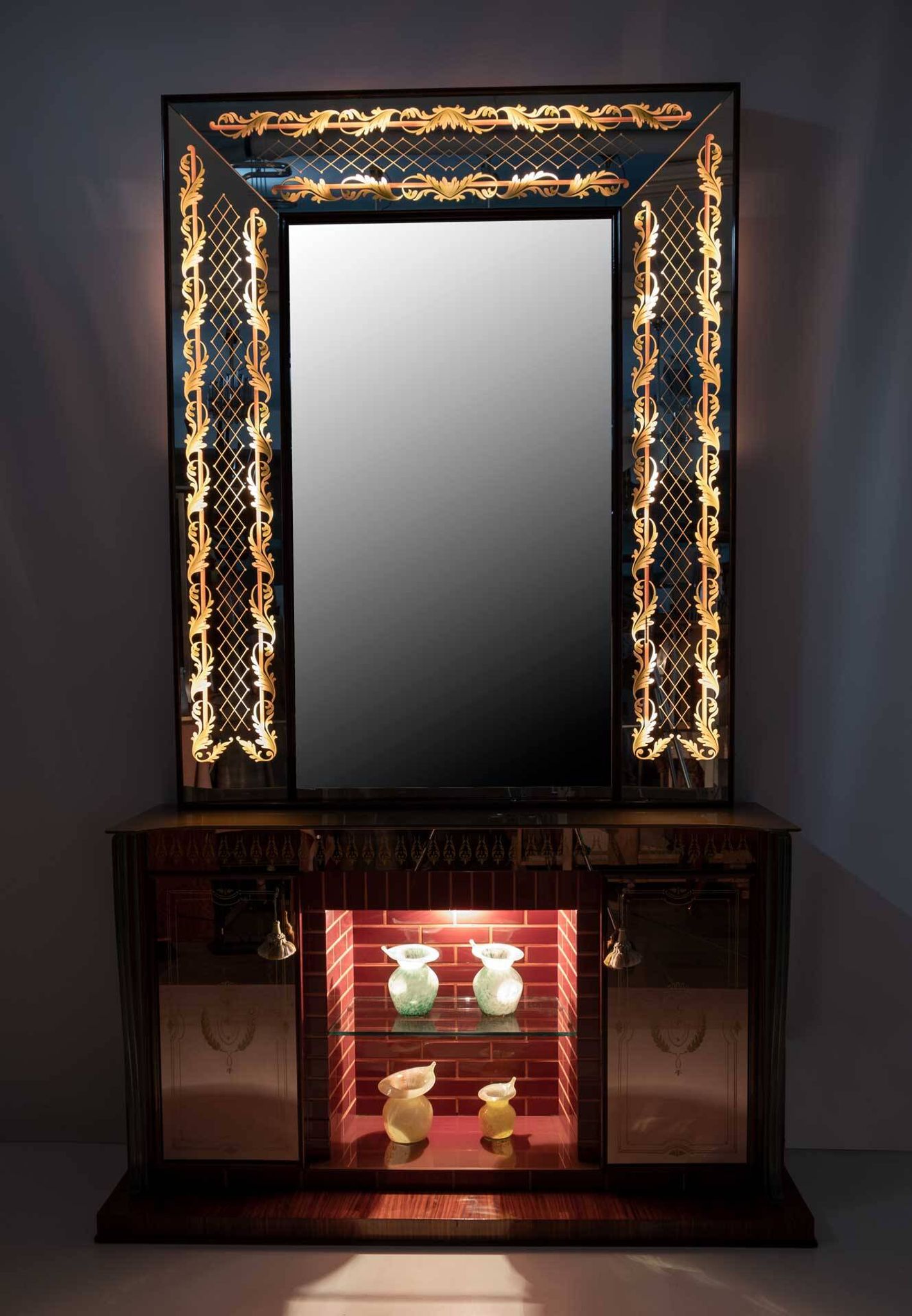 Luigi Brusotti Mid-Century Modern Italian Bar Cabinet with Decorated Mirror