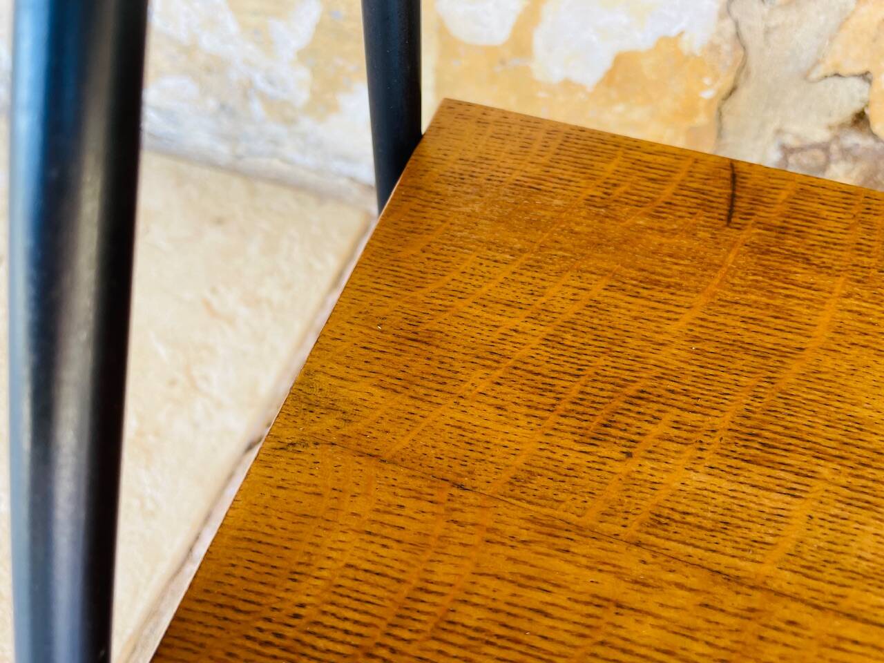 Vintage oak bedside table with black metal legs circa 50s/60s