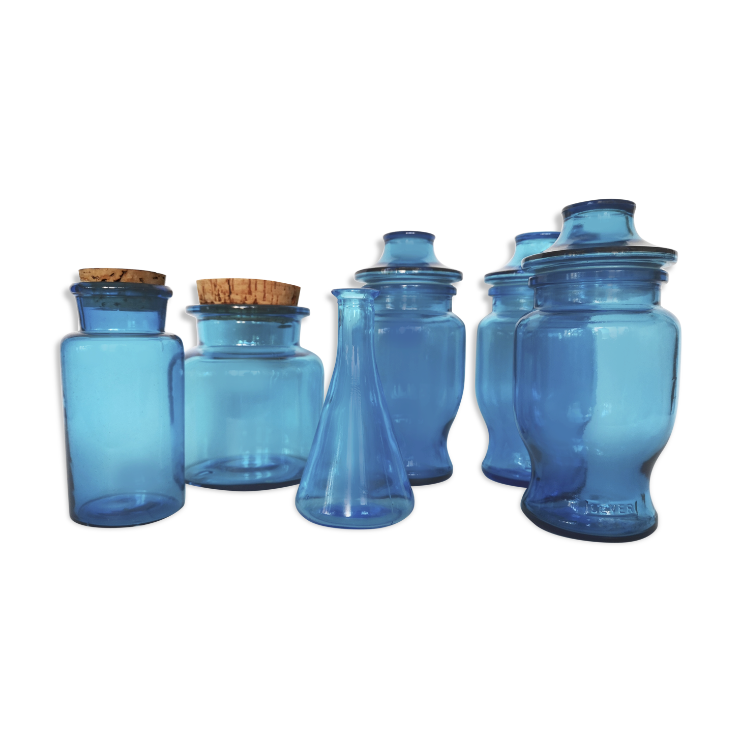 Ensemble de 6 bocaux en verre bleu
