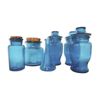 Set of 6 blue glass jars