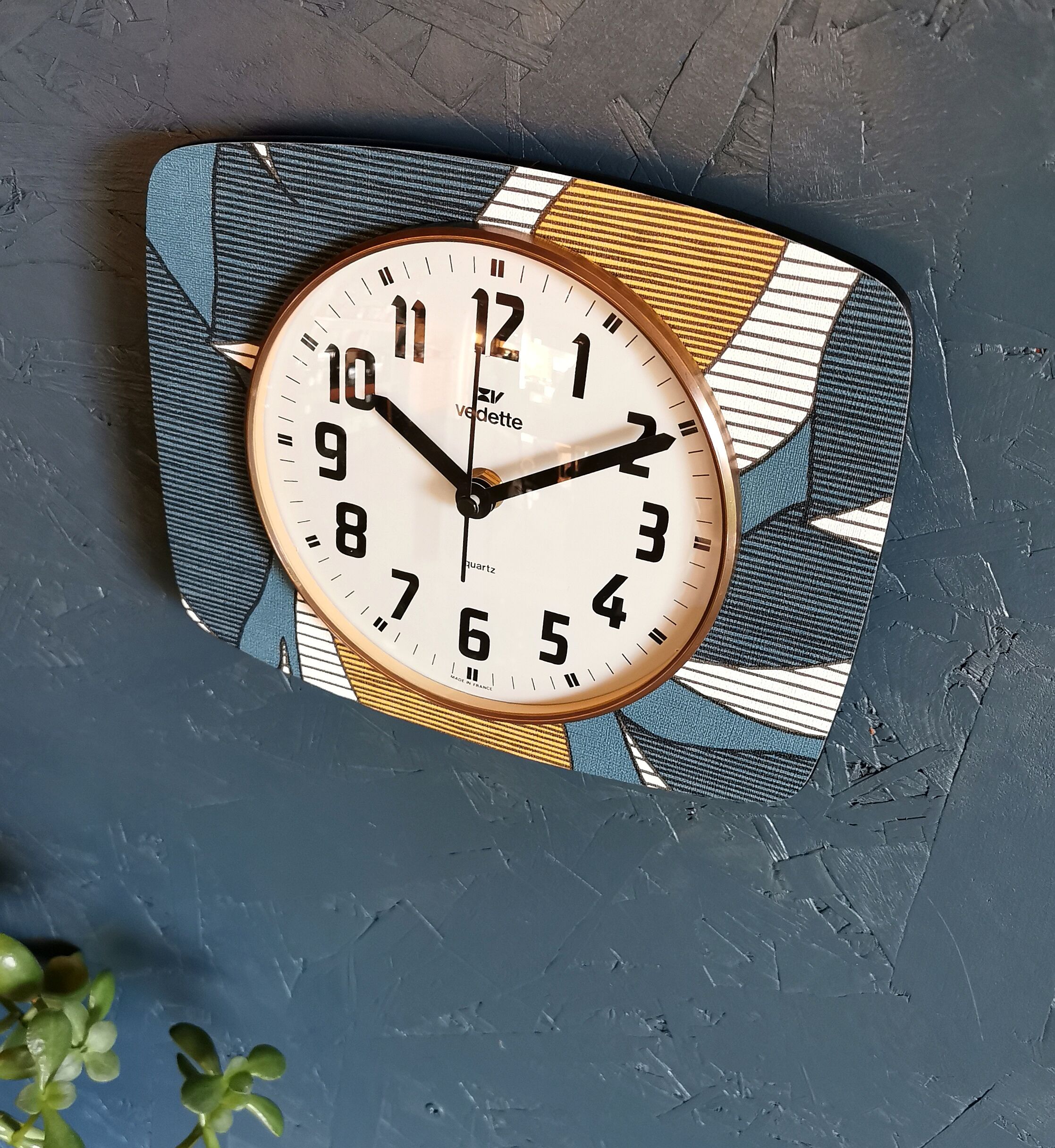 Vintage clock silent rectangular wall clock "Vedette bleu blanc ochre"